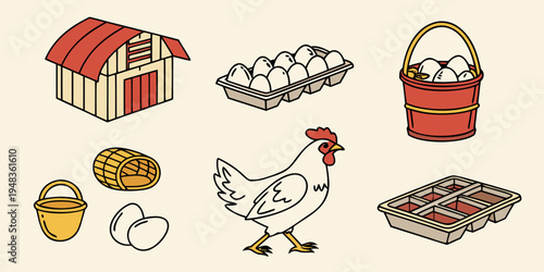 a chicken and various farm related items are shown Vector