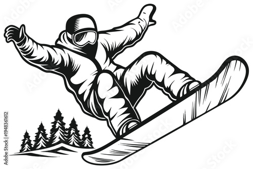 Snowboarder performing a jump silhouette, capturing the thrill of winter extreme sports