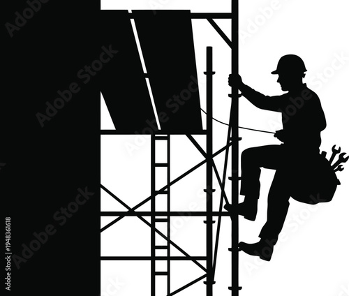 Construction worker silhouette climbing scaffold for building maintenance