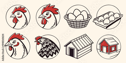 a set of icons depicting chickens and a chicken coop Vector