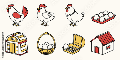 a set of farm related icons including chickens and eggs Vector