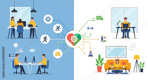 Office work and personal wellness activities are connected by a central heart.