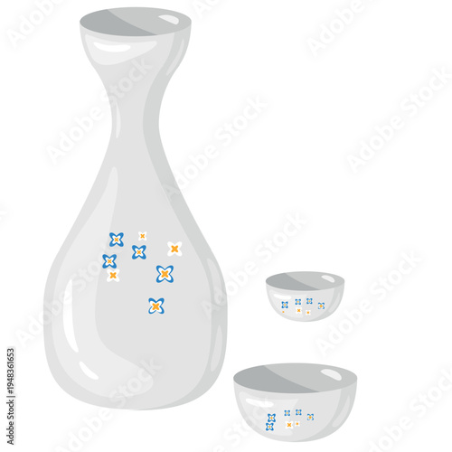 Traditional Japanese sake set with ceramic carafe and two cups isolated on white background. Minimalist vector of rice wine server, soju bottle, for restaurant menu and bar design.