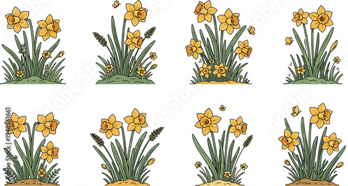 Spring Daffodil Flower Illustrations with Yellow Blooms, Green Leaves, and Fresh Ground for Nature-Inspired Designs