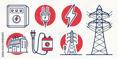electricity icons including plug socket and tower Vector