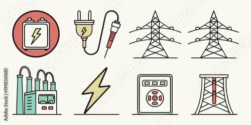 electricity symbols and power transmission icons Vector