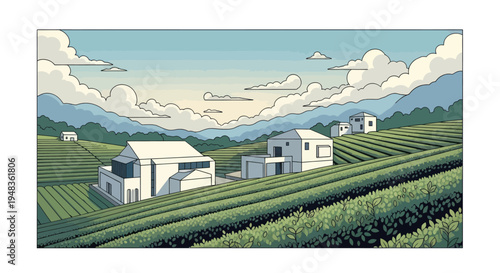 Modern homes dot rolling green hills under a cloudy sky