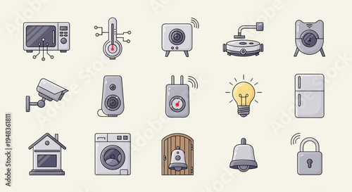 A collection of 15 icons depicting various smart home devices