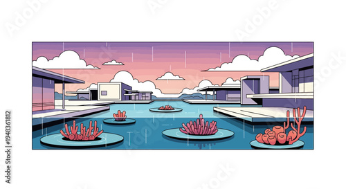 Modernist architecture surrounds serene water features with abstract coral-like sculptures