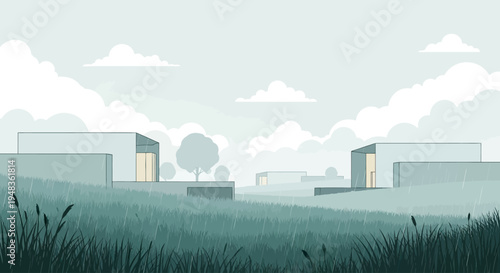 Minimalist modern buildings in a grassy field during a gentle rain shower