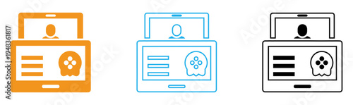 Colorful icons of laptops with user profiles and ghostly elements