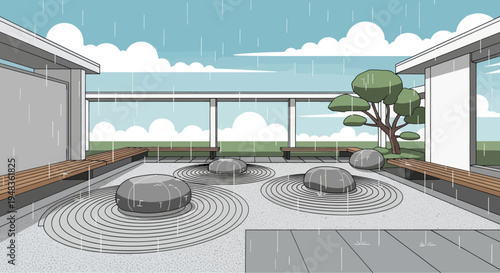 Zen garden with rocks on raked gravel under a rainy sky
