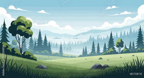 Serene landscape with rolling hills, pine trees, and a clear blue sky