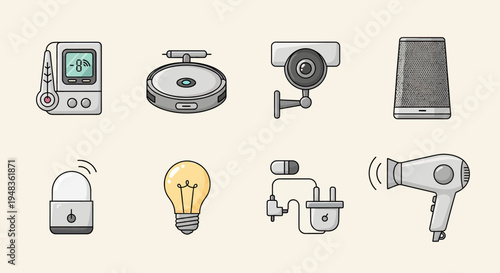 A collection of smart home devices and electronics, including a thermostat, robot vacuum, camera, speaker, lock, bulb, plug, and dryer