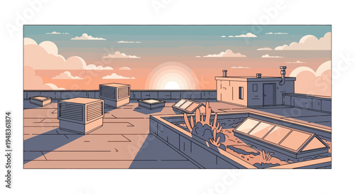 Rooftop scene at sunset with HVAC units and a small building