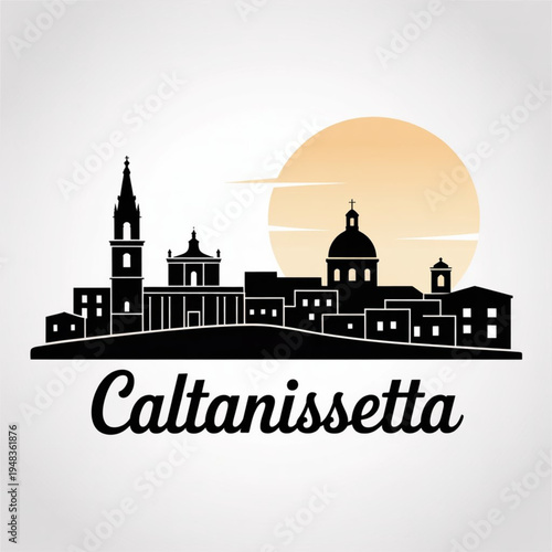 Caltanissetta Italy Skyline Silhouette — Santa Maria La Nova Cathedral and Palazzo Moncada Sicilian Hilltop Cityscape
