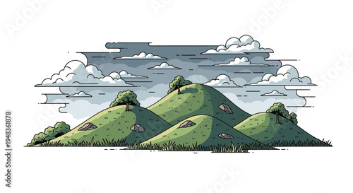 Green rolling hills with trees, rocks, grass, and a cloudy sky