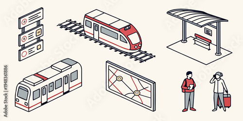 a red and white train on a track with a station and people Vector