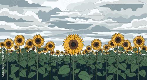 A field of sunflowers stretches toward a sky filled with stylized clouds