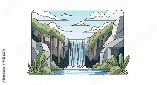 Stylized illustration of a waterfall cascading into a blue pool amidst rocky cliffs and lush foliage