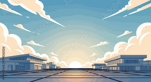 Modern buildings at sunrise with stylized clouds and a vast reflective plaza