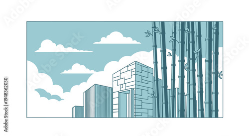 Buildings and bamboo stalks beneath a cloudy sky, rendered in minimalist style