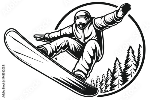 Vector silhouette of a snowboarder mid-jump, capturing the essence of winter sports and activity
