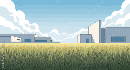 Modern buildings stand beyond a field of green grass under a bright sky