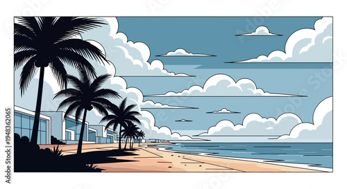 Tropical resort buildings flank a sandy beach lined with palm trees under a cloudy sky