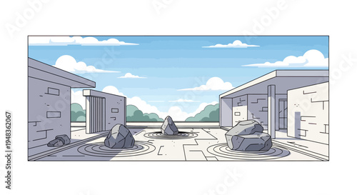 Serene courtyard with modern architecture, rock garden, and blue sky