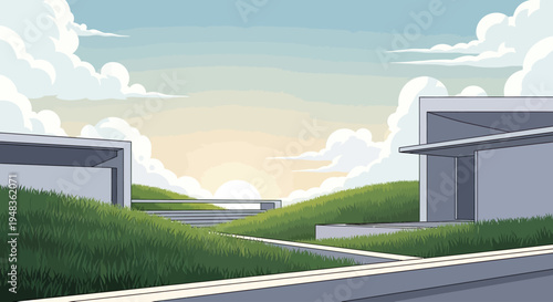 Minimalist geometric buildings on grassy hills at sunrise with fluffy clouds