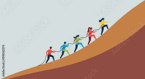 Five diverse individuals climb a steep brown hill together using a rope.