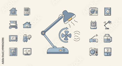 A collection of household appliances and gadgets depicted in a minimalist, blue and white art style
