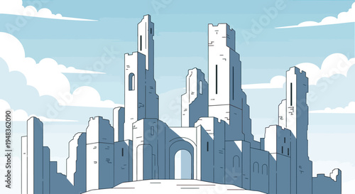 Ancient, ruined fortress under a cloudy, pale blue sky