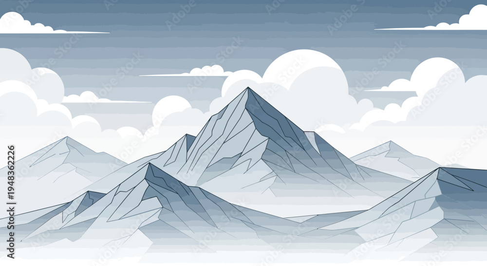 Fototapeta premium Stylized mountain range with a prominent peak against a cloudy, blue sky