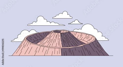 Minimalist depiction of a volcano crater with clouds against a pastel background