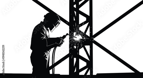Construction worker welding silhouette industrial laborer at work on steel structure