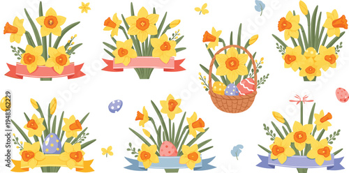 Easter Floral Arrangements with Yellow Daffodils, Easter Eggs, Butterflies, and Colorful Ribbons for Spring Celebrations