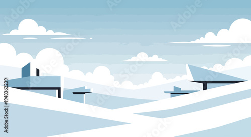 Minimalist landscape with geometric buildings under a cloudy sky