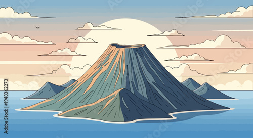 Stylized volcano island in calm blue water under a pale sunrise sky