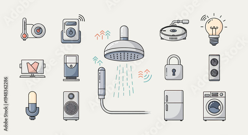 An array of smart home devices including a thermometer, speaker, shower, padlock, and appliance icons