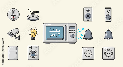Assorted smart home devices and appliances visualized as icons
