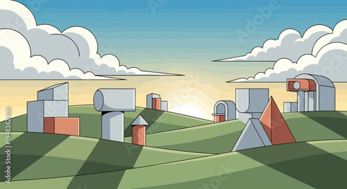 Sunrise illuminates an abstract landscape of geometric structures on rolling green hills