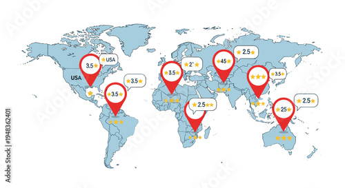 A world map with red location pins indicates star ratings across continents.