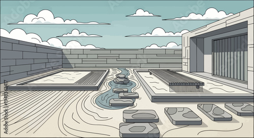 Serene courtyard with contemplative water feature, stone path, and modern architecture