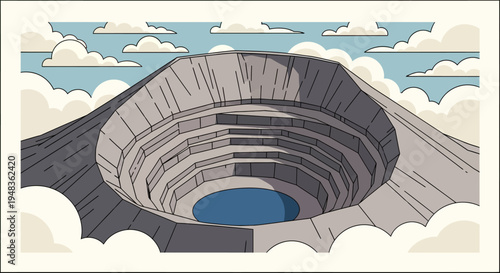 Wide, stepped crater with a central blue pool, surrounded by clouds under a blue sky