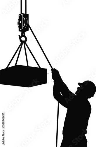 Construction worker silhouette operating heavy lifting equipment on building site
