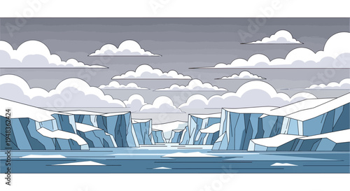 Stark, stylized ice cliffs and water beneath a cloudy sky