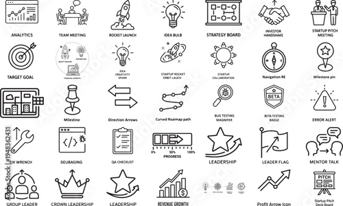 Leadership Team Collaboration and Project Management Line Icon Set