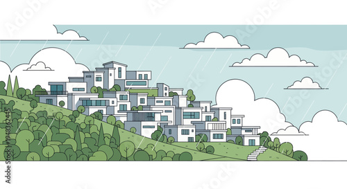 Modern houses on a hill during a rain shower